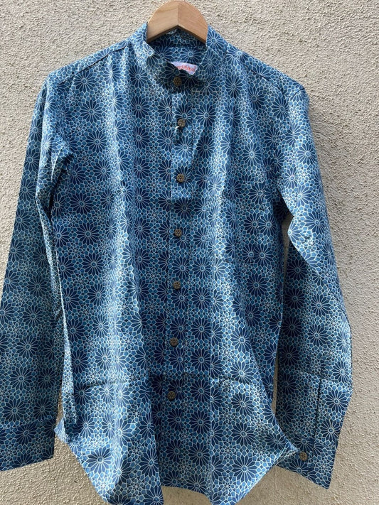 Indigo Print Mandarin Collar Cotton Shirt for Men
