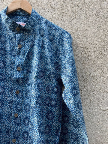 Indigo Print Mandarin Collar Cotton Shirt for Men