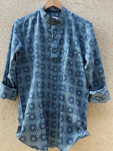 Indigo Print Mandarin Collar Cotton Shirt for Men