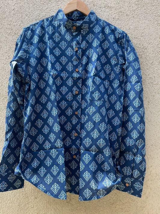 Indigo Print Mandarin Collar Cotton Shirt for Men