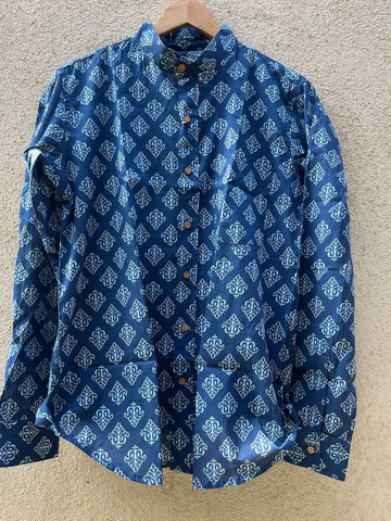 Indigo Print Mandarin Collar Cotton Shirt for Men
