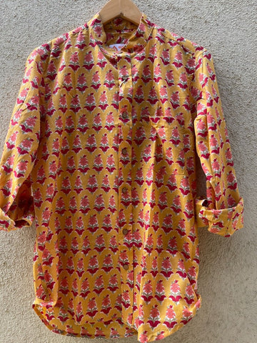 Floral Print Mandarain Collar Cotton Shirt for Men
