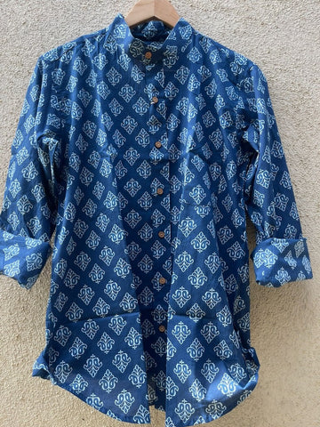 Indigo Print Mandarin Collar Cotton Shirt for Men