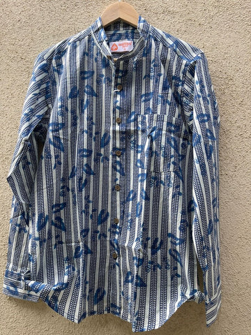 Indigo Print Mandarin Collar Cotton Shirt for Men