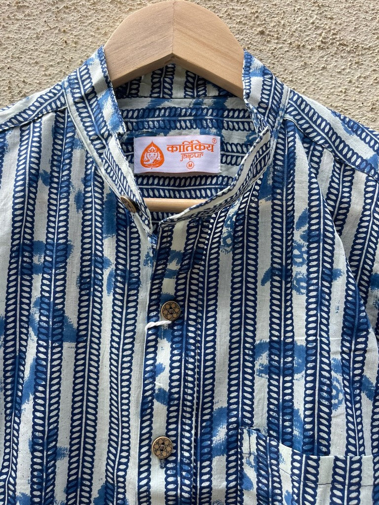 Indigo Print Mandarin Collar Cotton Shirt for Men