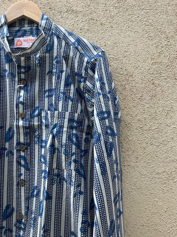 Indigo Print Mandarin Collar Cotton Shirt for Men