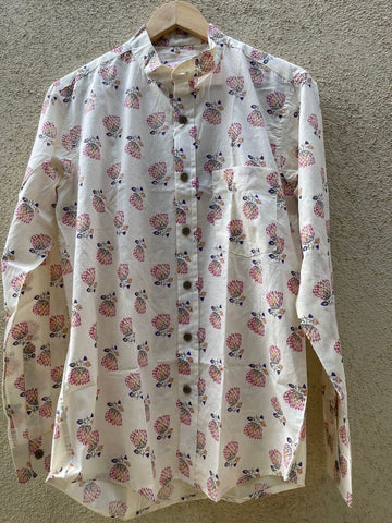 Floral Print Mandarain Collar Cotton Shirt for Men