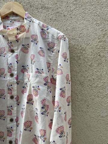 Floral Print Mandarain Collar Cotton Shirt for Men