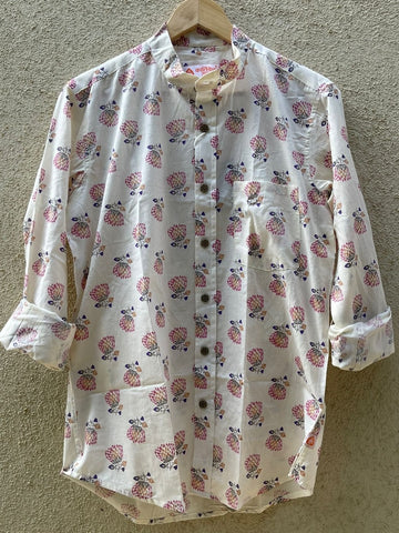 Floral Print Mandarain Collar Cotton Shirt for Men