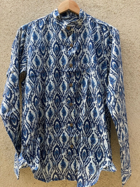 Classic Indigo Print Mandarin Collar Cotton Shirt for Men