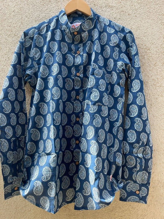 Indigo Print Mandarin Collar Cotton Shirt for Men