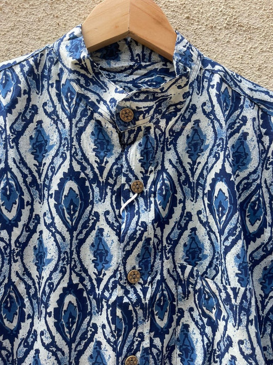 Classic Indigo Print Mandarin Collar Cotton Shirt for Men