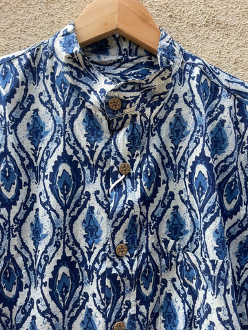 Classic Indigo Print Mandarin Collar Cotton Shirt for Men