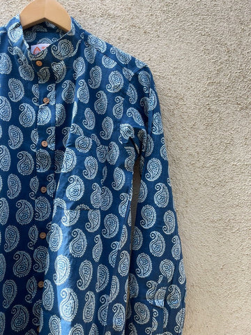 Indigo Print Mandarin Collar Cotton Shirt for Men
