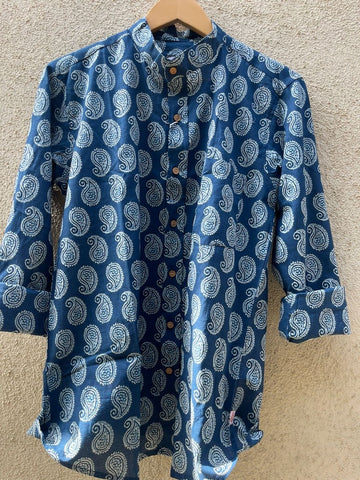 Indigo Print Mandarin Collar Cotton Shirt for Men
