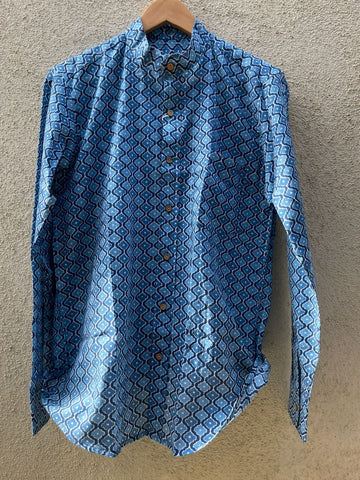 Indigo Print Mandarin Collar Cotton Shirt for Men