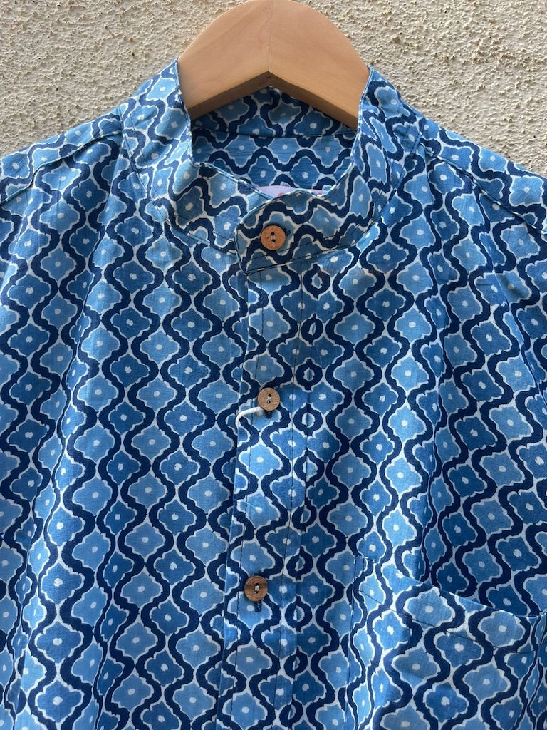 Indigo Print Mandarin Collar Cotton Shirt for Men