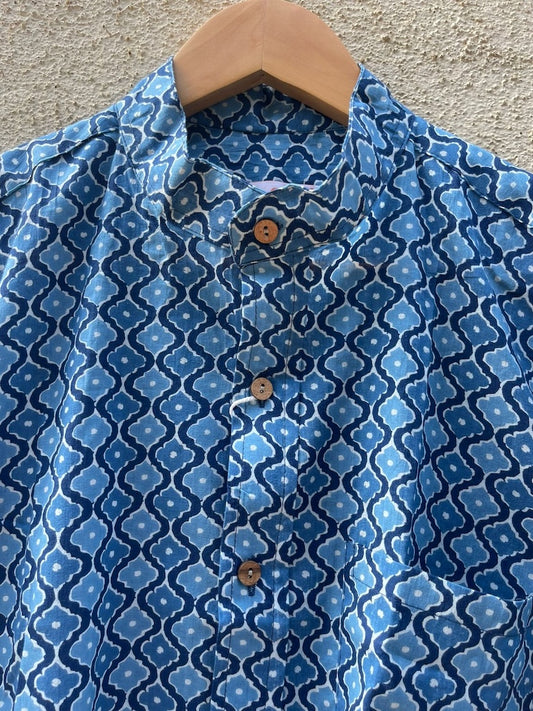 Indigo Print Mandarin Collar Cotton Shirt for Men