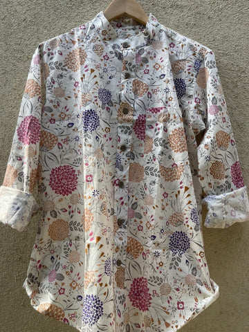 Floral Print Mandarain Collar Cotton Shirt for Men
