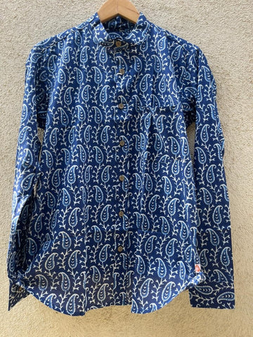 Classic Indigo Print Mandarin Collar Cotton Shirt for Men