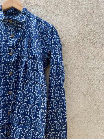 Classic Indigo Print Mandarin Collar Cotton Shirt for Men