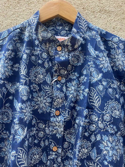Classic Indigo Print Mandarin Collar Cotton Shirt for Men