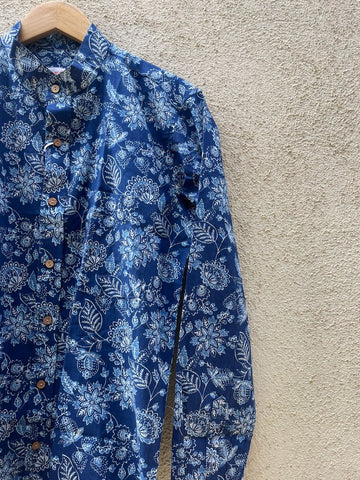 Classic Indigo Print Mandarin Collar Cotton Shirt for Men
