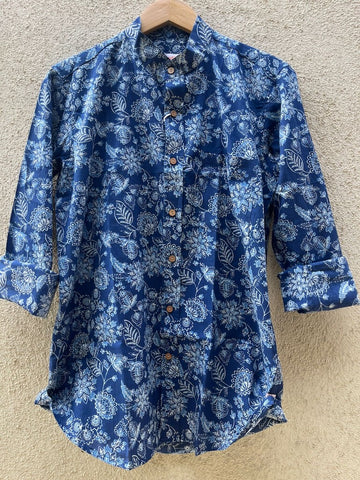 Classic Indigo Print Mandarin Collar Cotton Shirt for Men