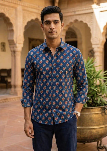 Classic Kalamkari Block Print Full Sleeves Cotton Men Shirt - Organic