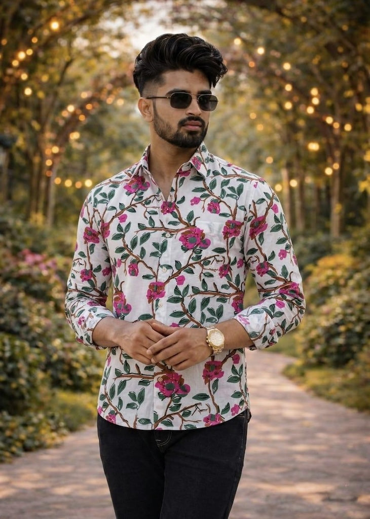 Classic Kalamkari Block Print Full Sleeves Cotton Men Shirt - Organic
