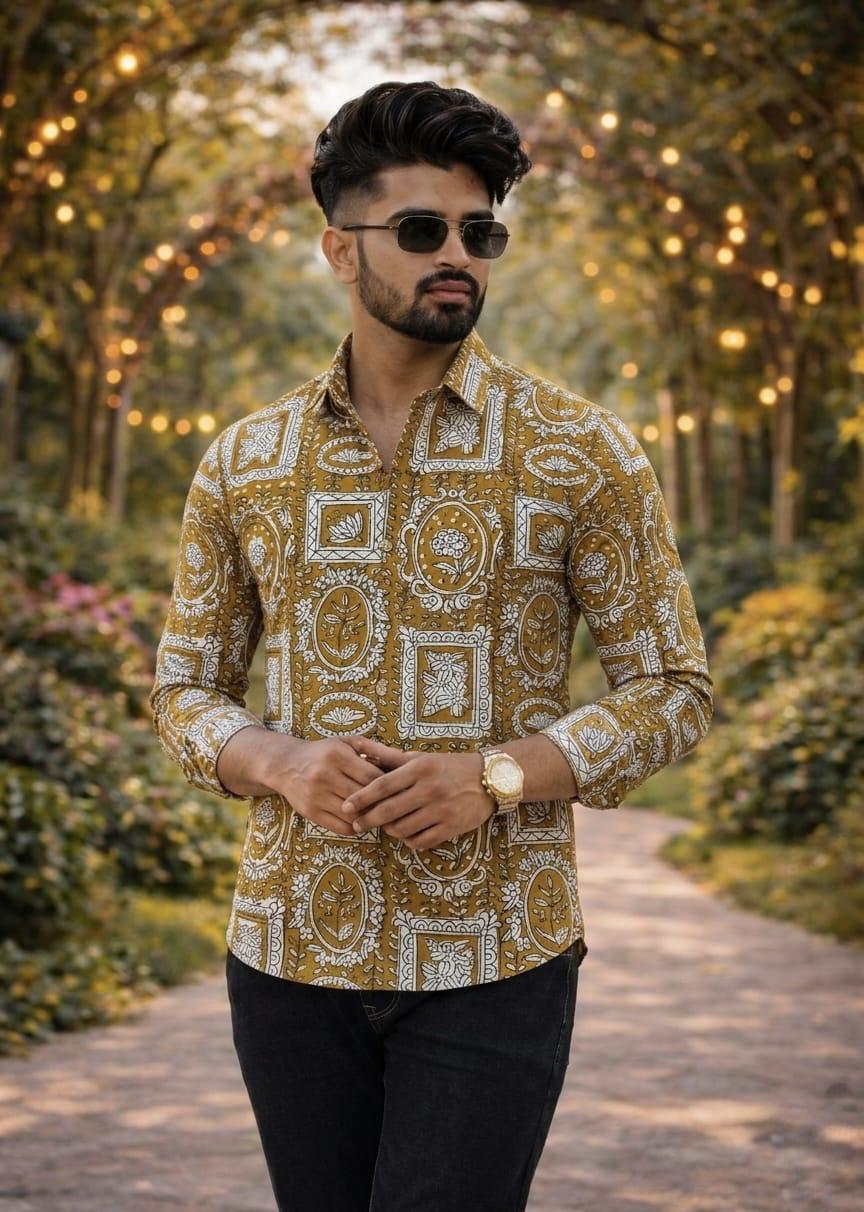 Classic Kalamkari Block Print Full Sleeves Cotton Men Shirt - Organic