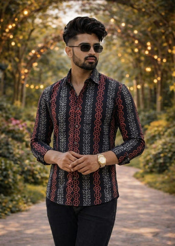 Classic Kalamkari Block Print Full Sleeves Cotton Men Shirt - Organic