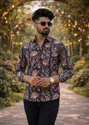 Classic Kalamkari Block Print Full Sleeves Cotton Men Shirt - Organic