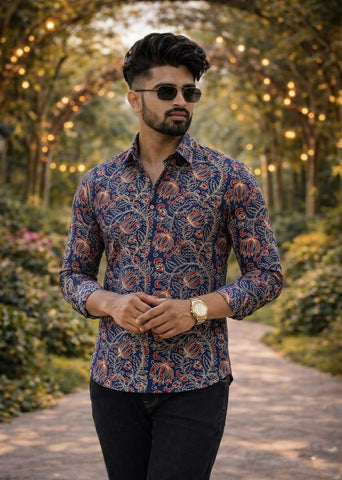 Classic Kalamkari Block Print Full Sleeves Cotton Men Shirt - Organic