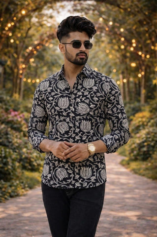 Classic Kalamkari Block Print Full Sleeves Cotton Men Shirt - Organic