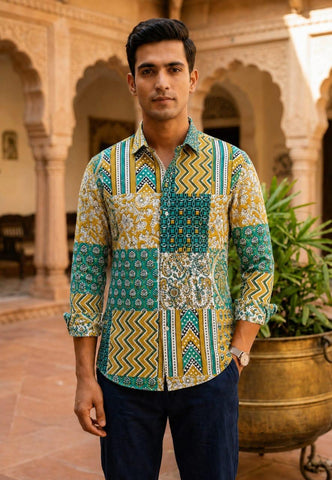 Classic Kalamkari Block Print Full Sleeves Cotton Men Shirt - Organic