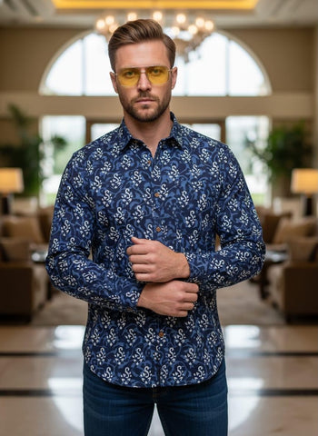 Floral Block Print Full Sleeves Cotton Men Shirt - Organic