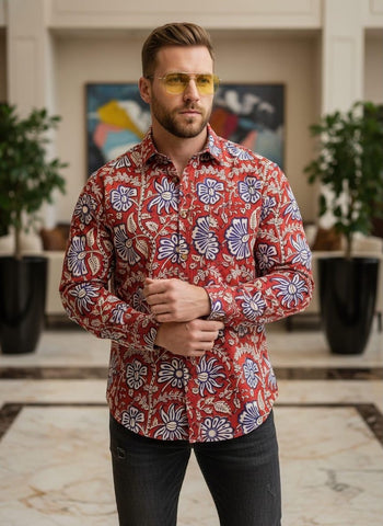 Floral Block Print Full Sleeves Cotton Men Shirt - Organic