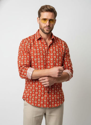 Floral Block Print Full Sleeves Cotton Men Shirt - Organic