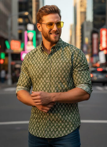 Floral Block Print Full Sleeves Cotton Men Shirt - Organic