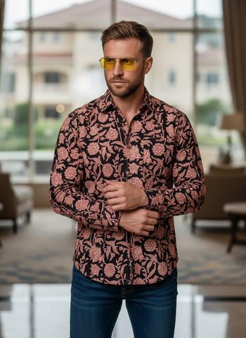 Floral Block Print Full Sleeves Cotton Men Shirt - Organic