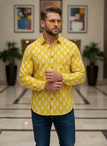 Floral Block Print Full Sleeves Cotton Men Shirt - Organic