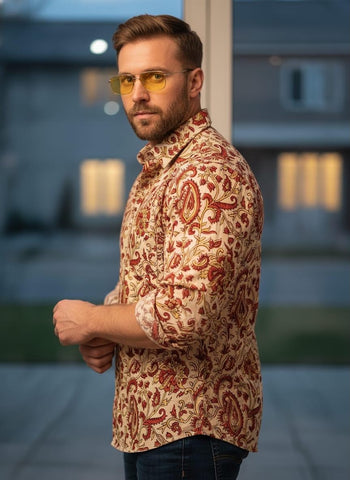 Floral Block Print Full Sleeves Cotton Men Shirt - Organic