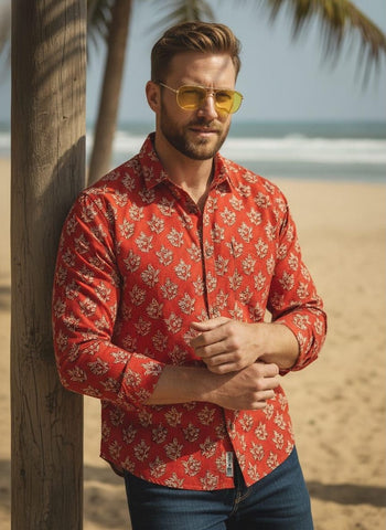 Floral Block Print Full Sleeves Cotton Men Shirt - Organic