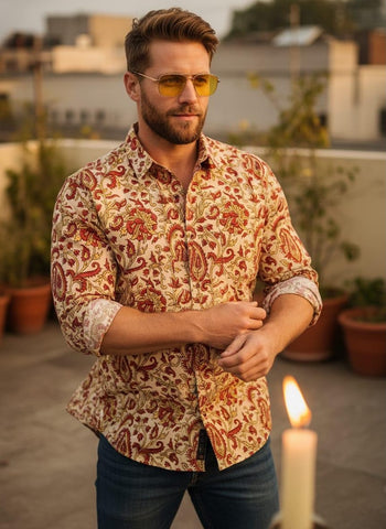 Floral Block Print Full Sleeves Cotton Men Shirt - Organic