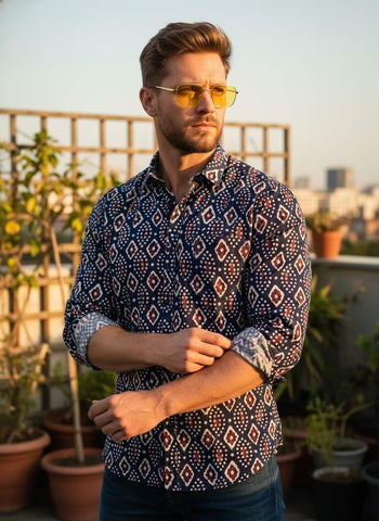 Floral Block Print Full Sleeves Cotton Men Shirt - Organic