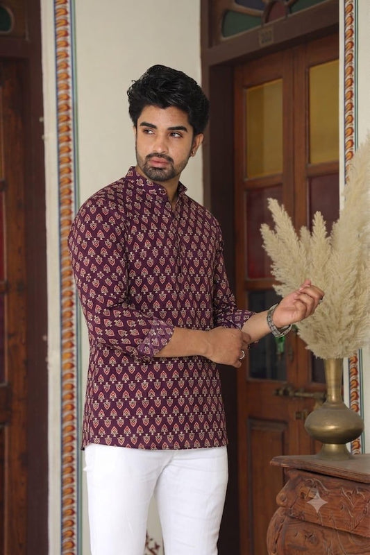 Natural Bagru Print Cotton Classic Short Kurta for Men