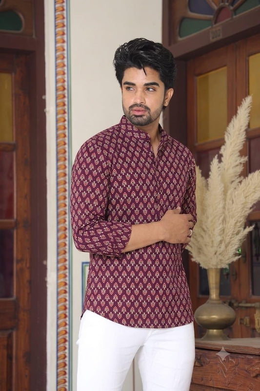 Natural Bagru Print Cotton Classic Short Kurta for Men