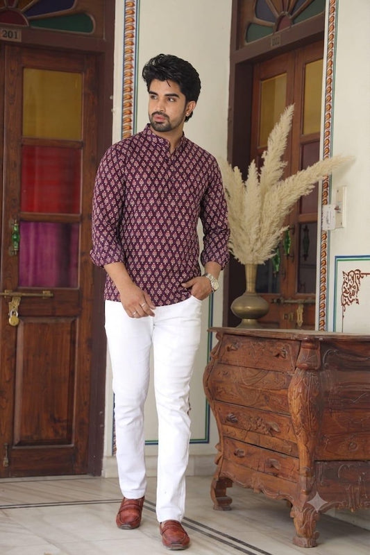 Block Printed Plus Size Short Kurta for Men