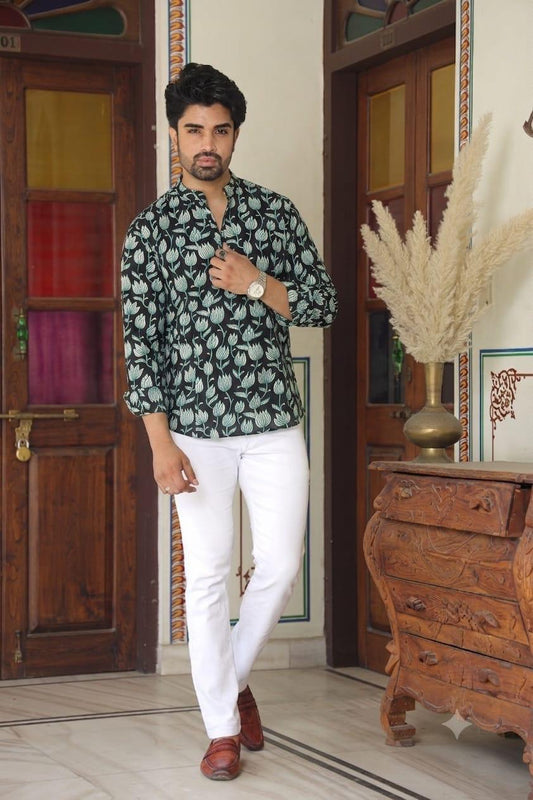 Classic Kalamkari Print Cotton Classic Short Kurta for Men - Organic